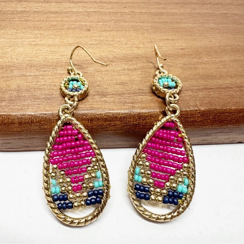Beaded Tear Drop Dangle Framed Seed Bead Earrings
